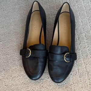Talbots Black Leather Loafers with Gold Buckle